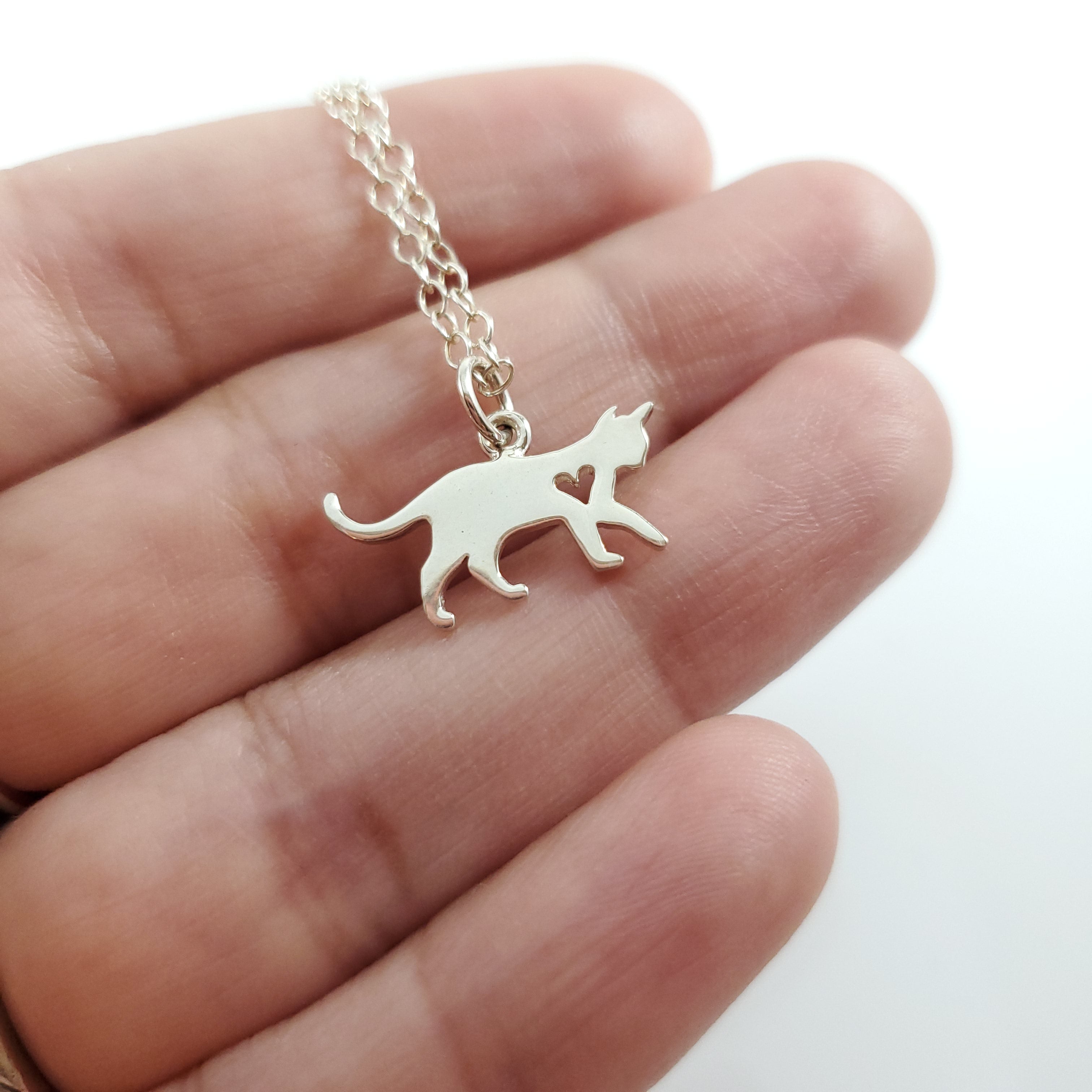 Cat Charm with Heart Cutout Necklace - Sterling Silver Jewelry