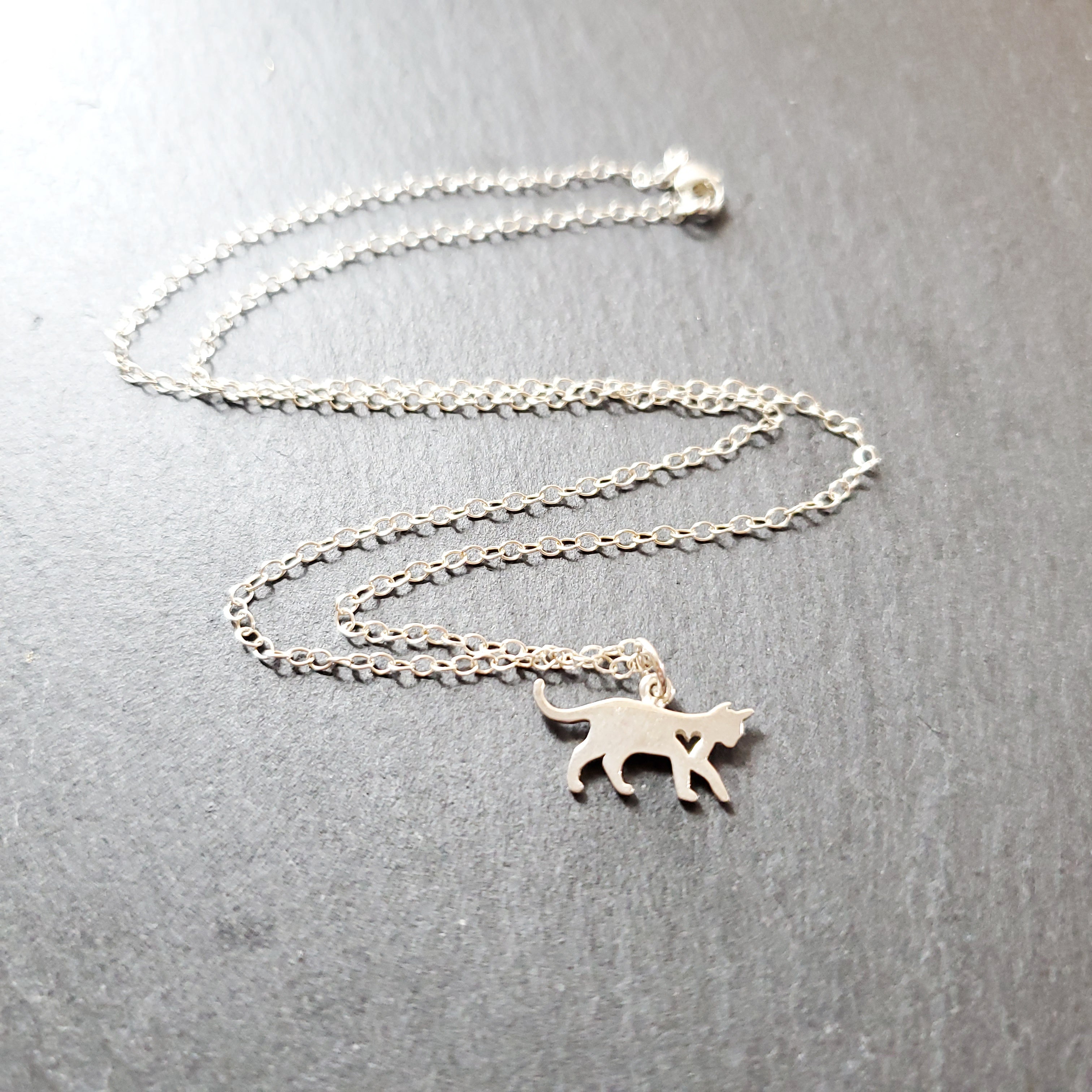 Cat Charm with Heart Cutout Necklace - Sterling Silver Jewelry