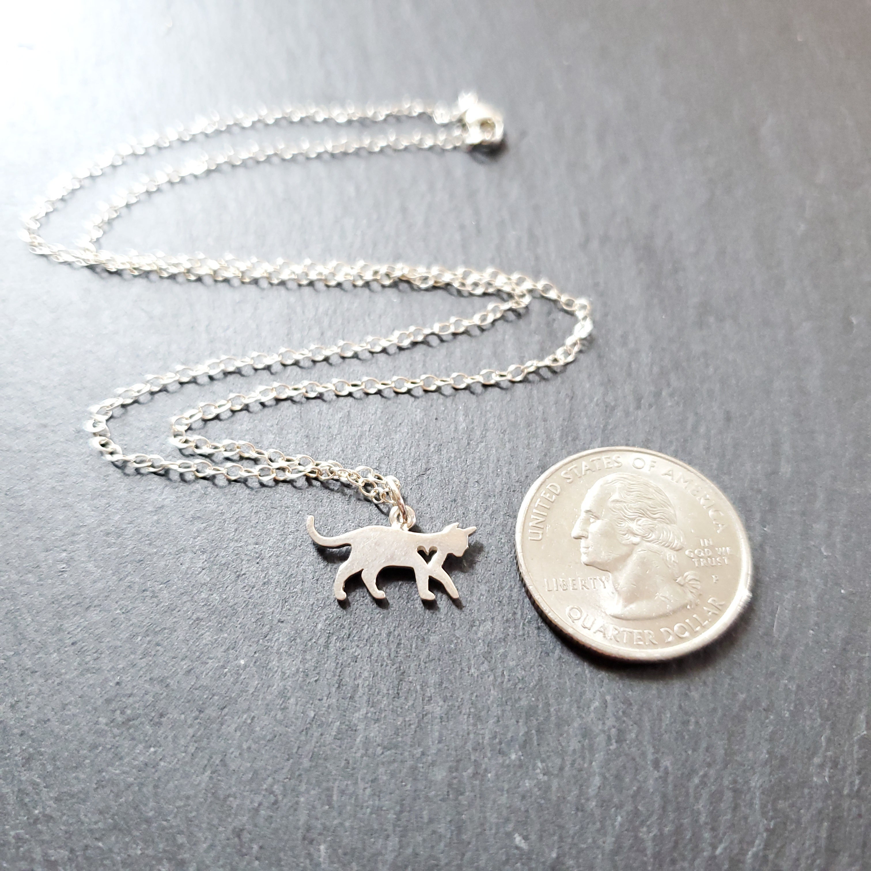 Cat Charm with Heart Cutout Necklace - Sterling Silver Jewelry