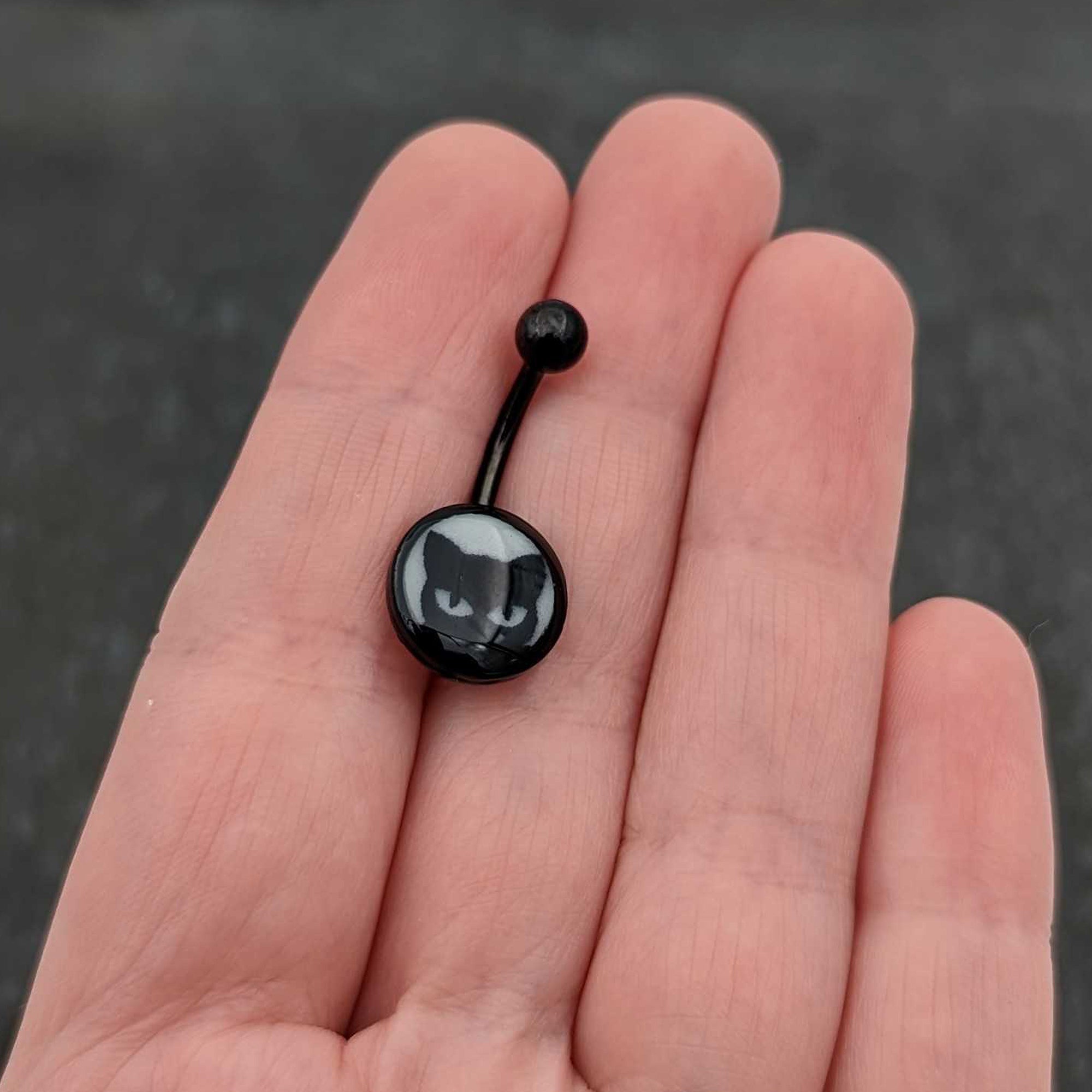 Black Glow in the Dark Peeking Black Cat Belly Ring by Onyx O