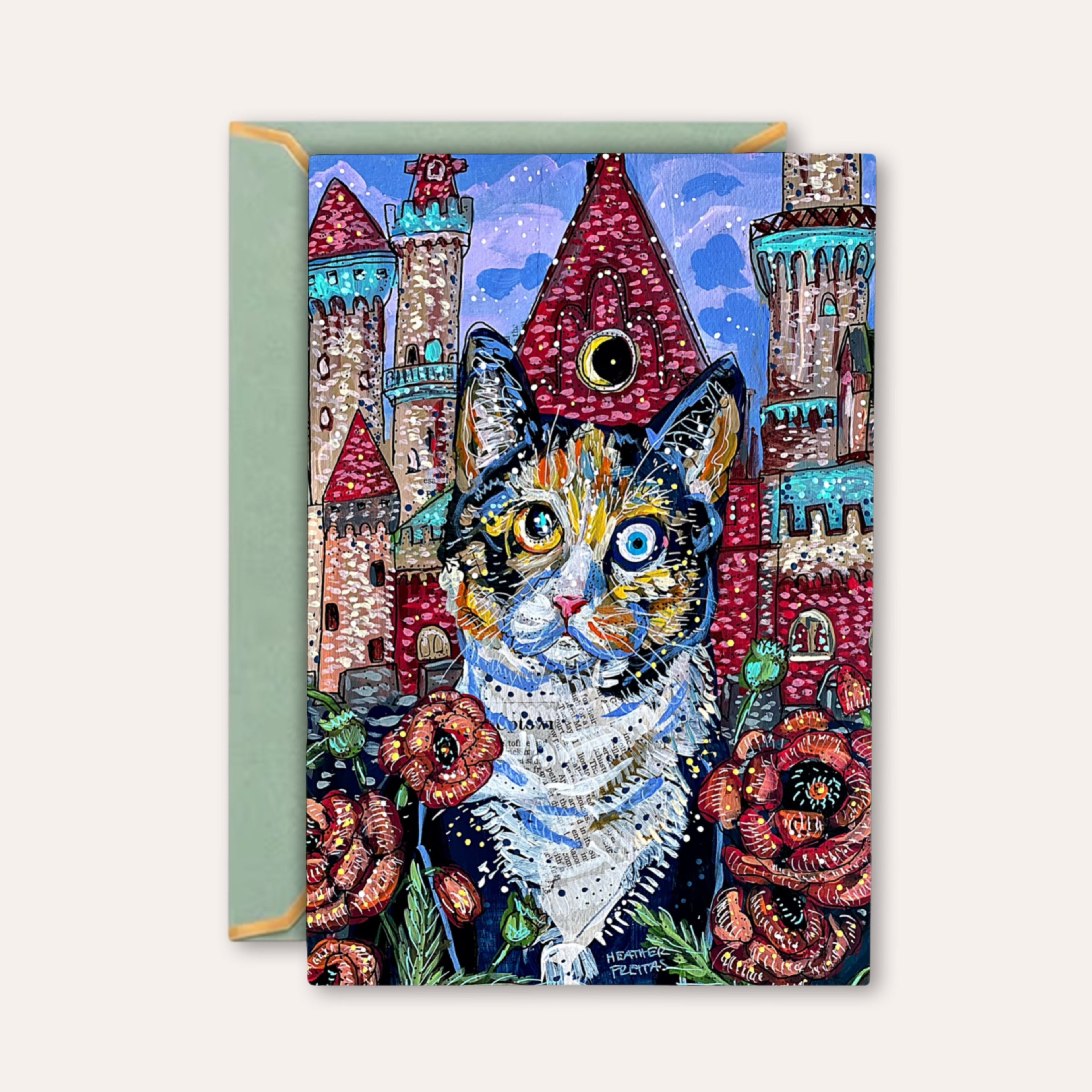 Poppy Castle Cat Fine Art Greeting Card