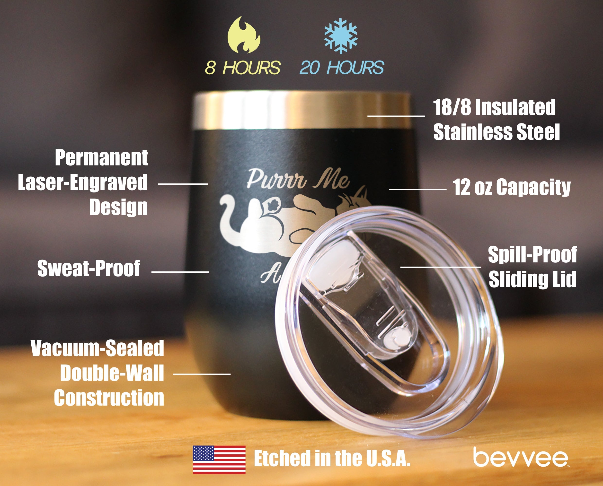 Purr Me A Glass - Cat Wine Tumbler Glass with Sliding Lid - Stainless Steel Insulated Mug - Fun Unique Cat Themed Décor and Gifts for Men & Women