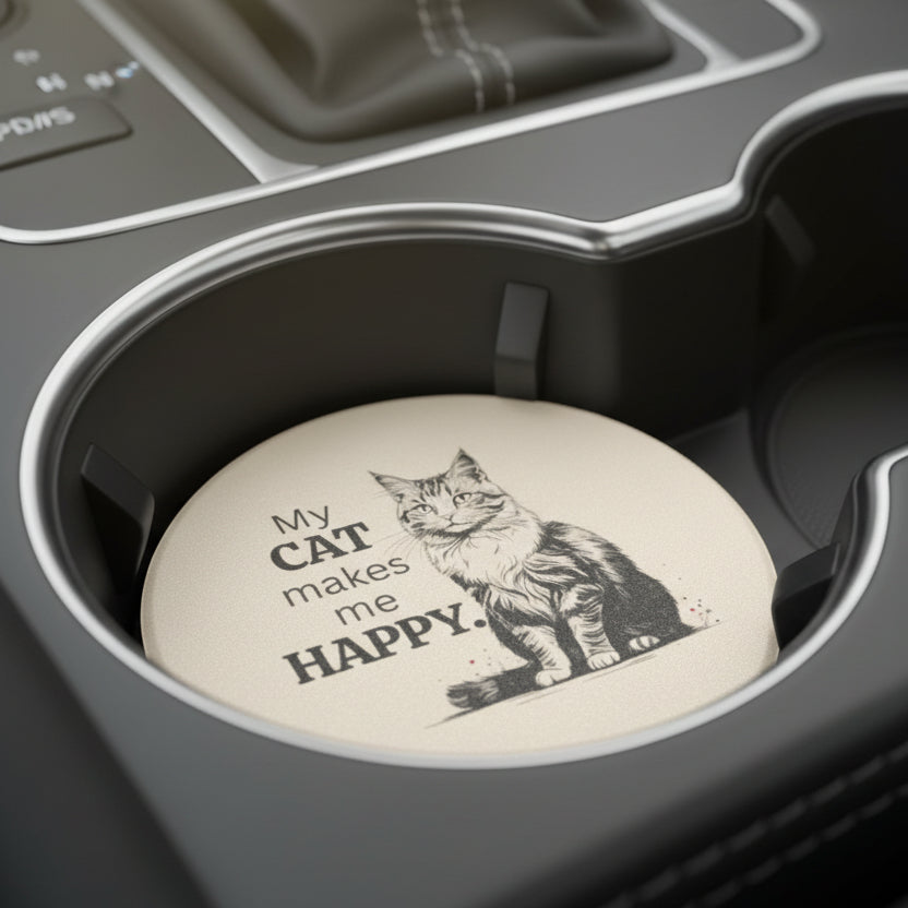 Cat Makes Me Happy Soapstone Coaster for Vehicle