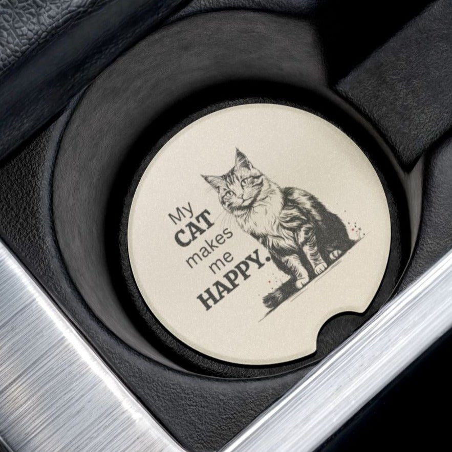 Cat Makes Me Happy Soapstone Coaster for Vehicle